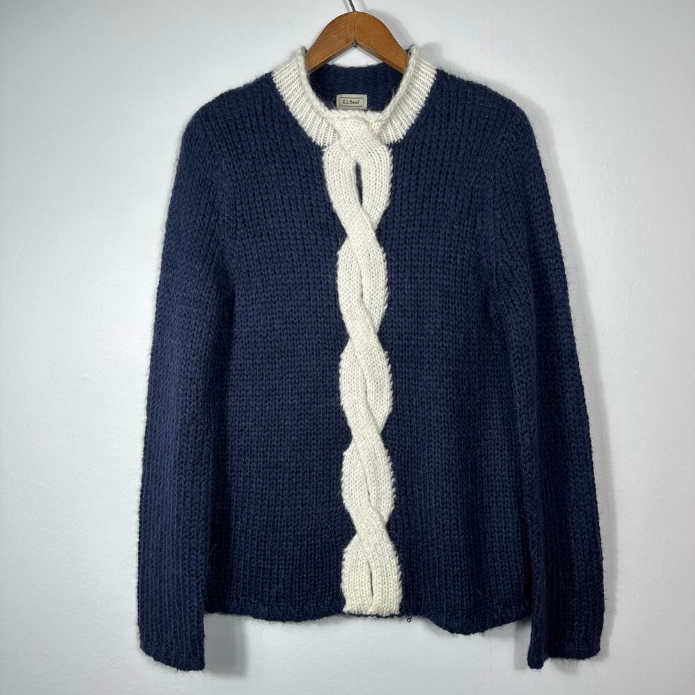 LL Bean Sweater Blue Cream Mohair Wool Cable Knit Roll Neck Twist Size Large